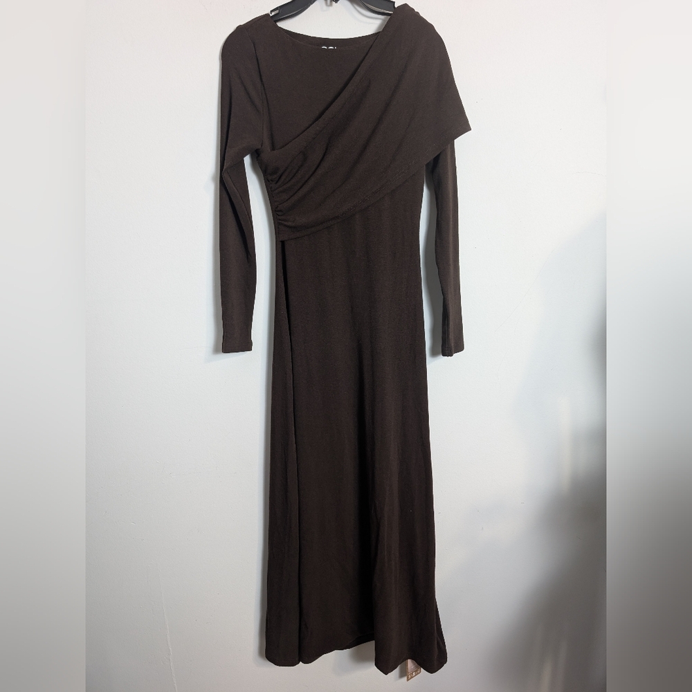 Ogl Move Chocolate Dress Brown Long Sleeve Boatneck Ruched Midi Brami Dress Sz S